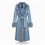 Ice Blue Sheepskin Leather Coat | Women's Shearling Fur Trim Trench.