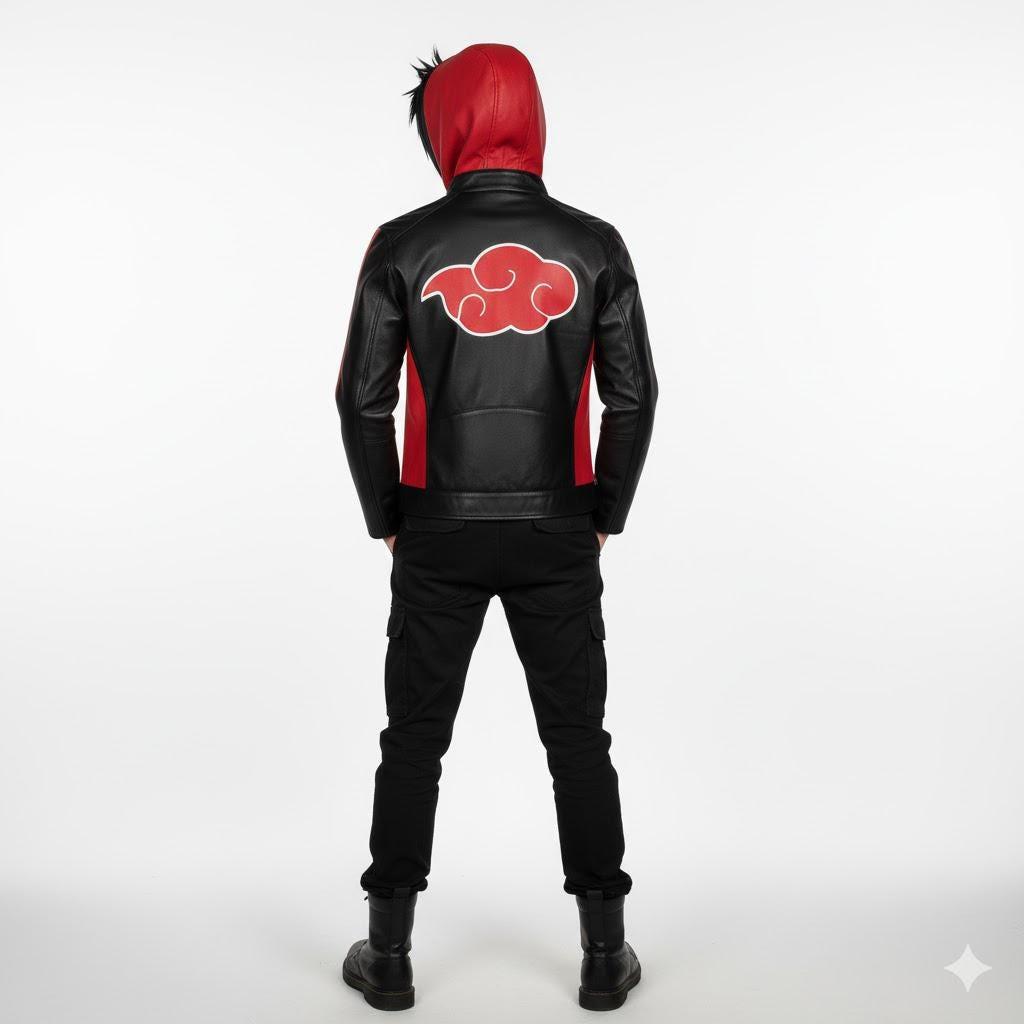 Akatsuki Itachi Sheepskin Leather Hoodie | Anime Cloud Print Jacket.