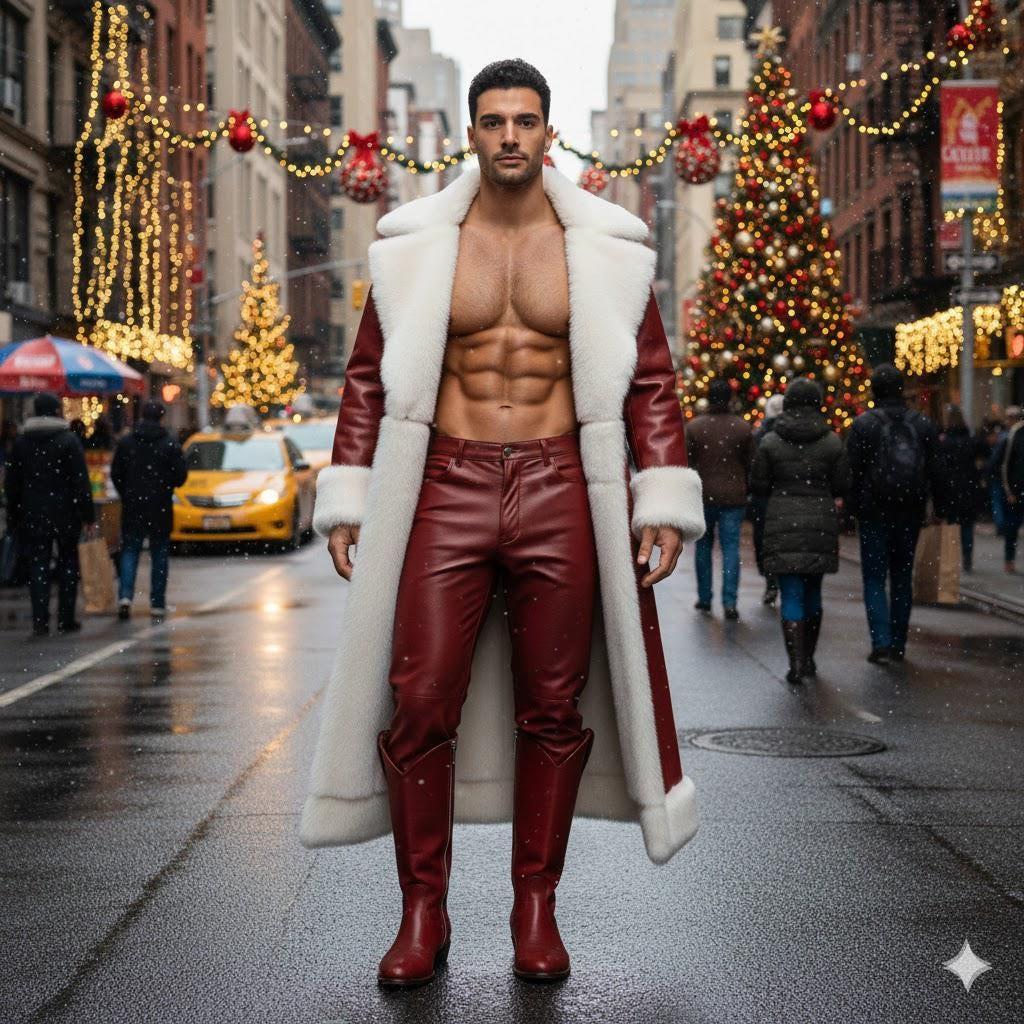 Christmas Inspired Red Shearling Leather Coat, Pants Costume | Sheepskin Fur Long Outfit | Holiday Cosplay | Men Luxury Leather Jackets.