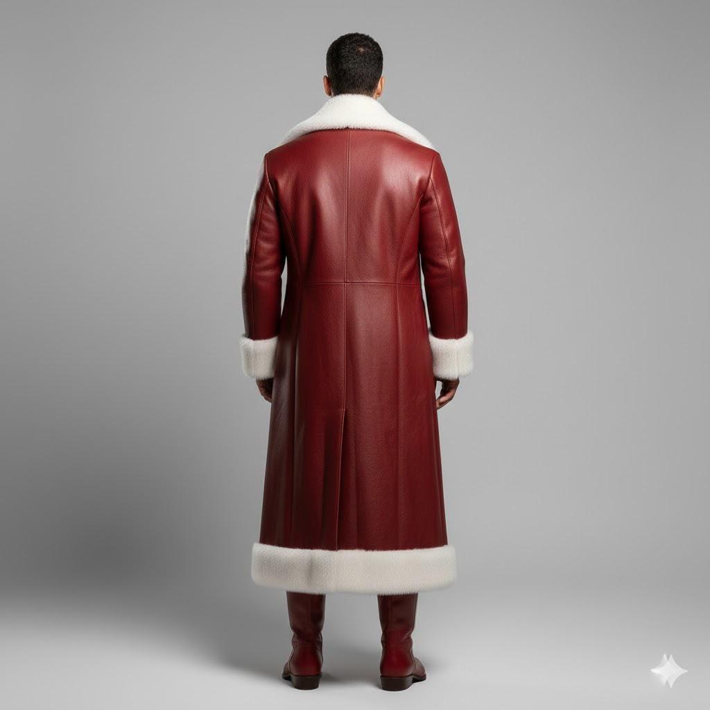 Christmas Inspired Red Shearling Leather Coat, Pants Costume | Sheepskin Fur Long Outfit | Holiday Cosplay | Men Luxury Leather Jackets.