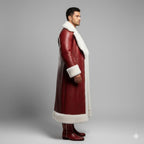 Christmas Inspired Red Shearling Leather Coat, Pants Costume | Sheepskin Fur Long Outfit | Holiday Cosplay | Men Luxury Leather Jackets.