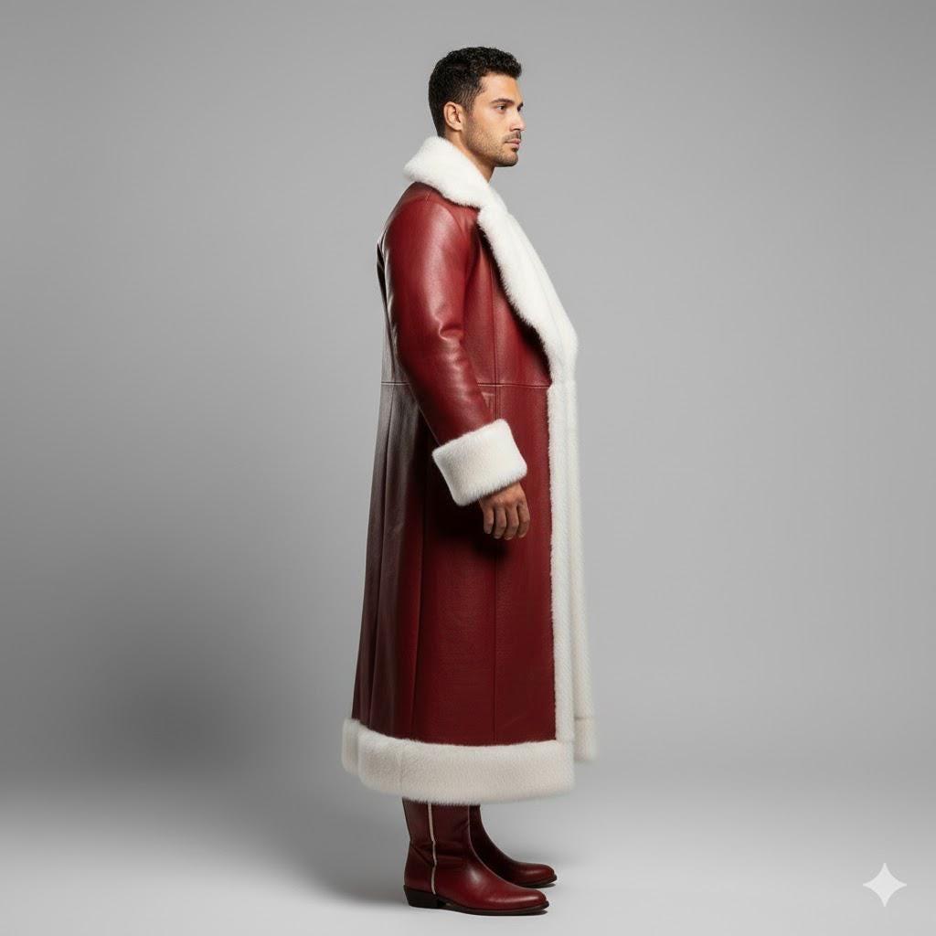 Christmas Inspired Red Shearling Leather Coat, Pants Costume | Sheepskin Fur Long Outfit | Holiday Cosplay | Men Luxury Leather Jackets.