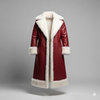 Christmas Inspired Red Shearling Leather Coat, Pants Costume | Sheepskin Fur Long Outfit | Holiday Cosplay | Men Luxury Leather Jackets.