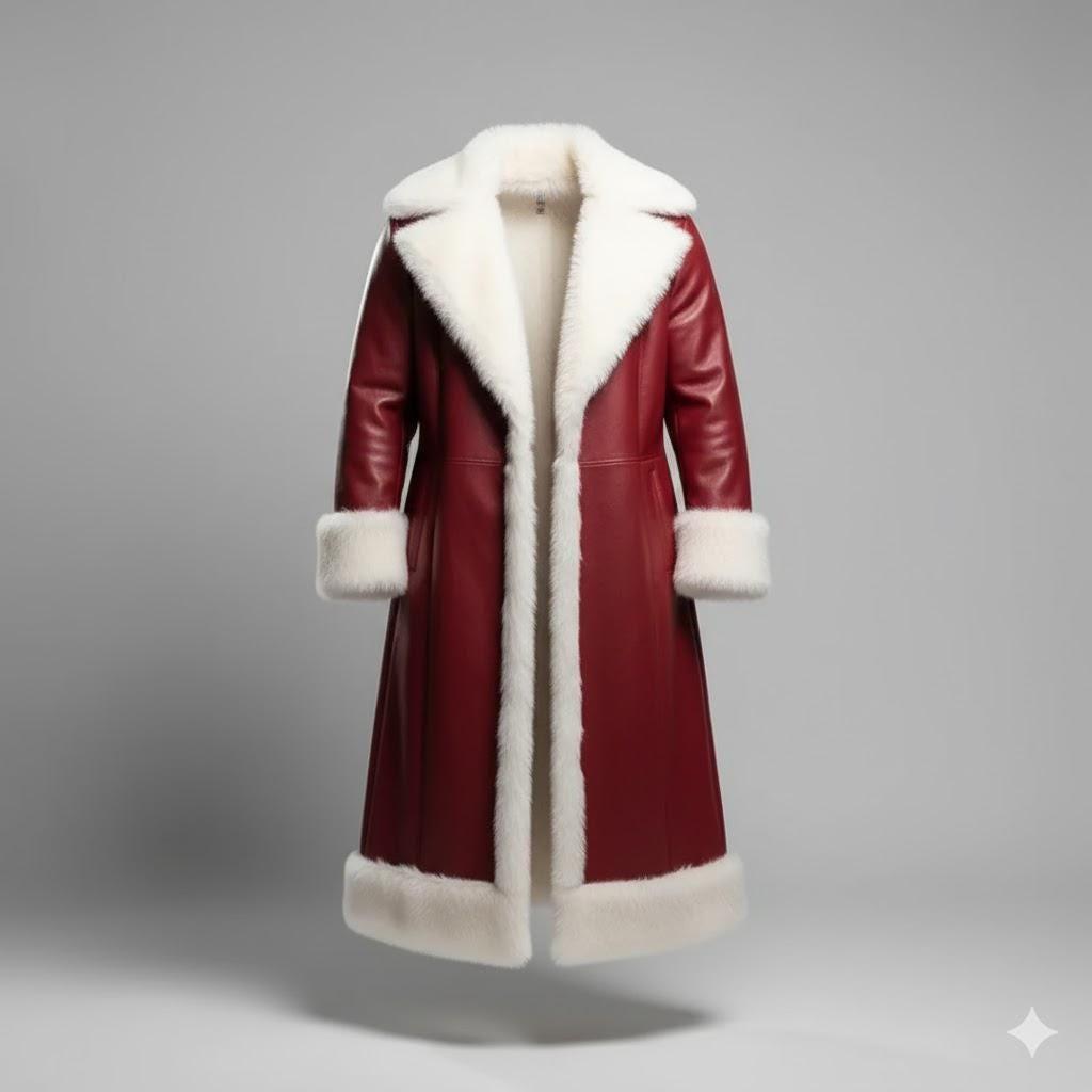 Christmas Inspired Red Shearling Leather Coat, Pants Costume | Sheepskin Fur Long Outfit | Holiday Cosplay | Men Luxury Leather Jackets.