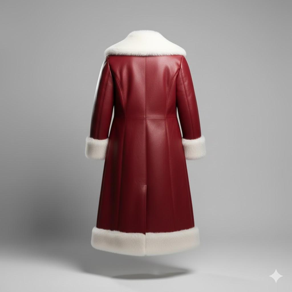 Christmas Inspired Red Shearling Leather Coat, Pants Costume | Sheepskin Fur Long Outfit | Holiday Cosplay | Men Luxury Leather Jackets.