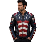 Captain America Inspired Leather Jacket | American Flag Biker Jacket | Patriotic Red White Blue Motorcycle Jacket for Men