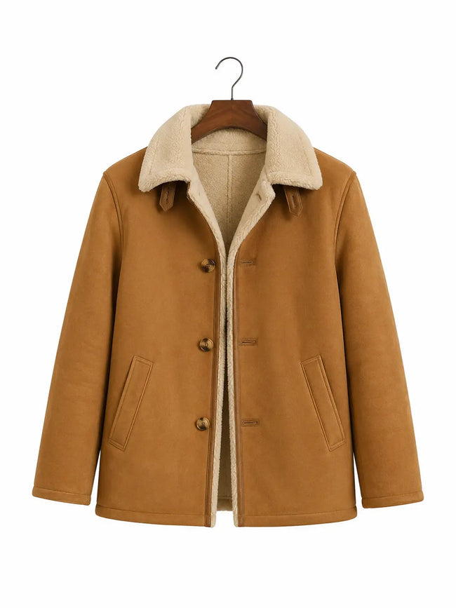 Men's Wool Shearling Coat – Tan Faux Fur Collar Jacket Hover Image