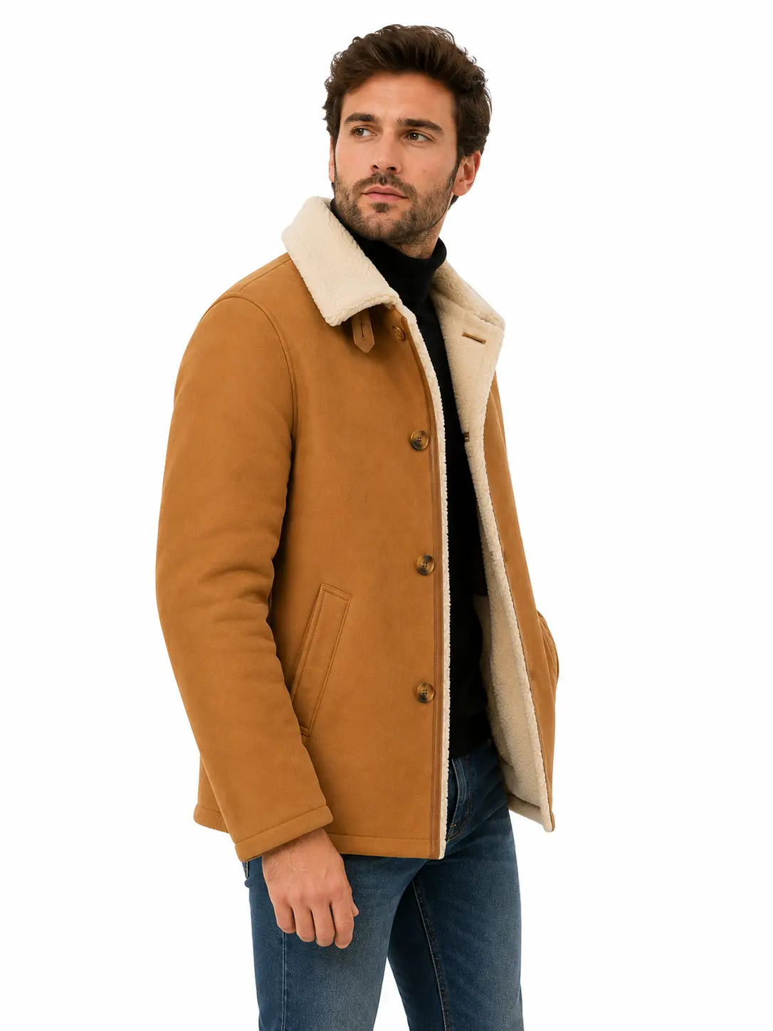 Men's Wool Shearling Coat – Tan Faux Fur Collar Jacket