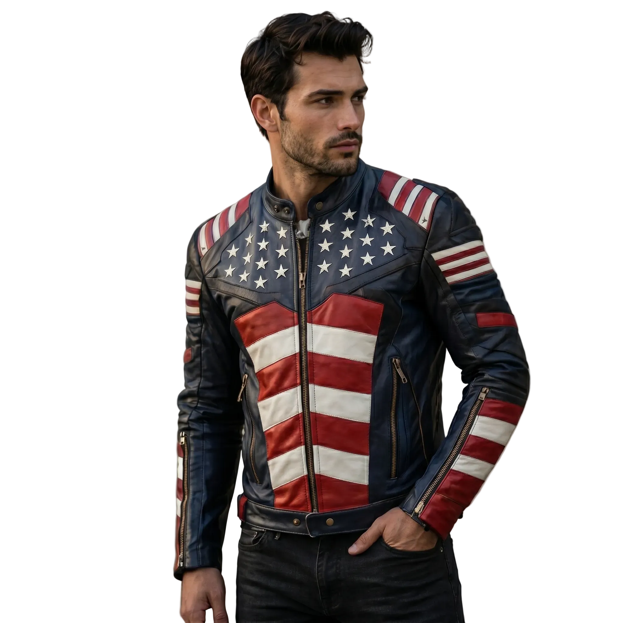 Captain America Inspired Leather Jacket | American Flag Biker Jacket | Patriotic Red White Blue Motorcycle Jacket for Men