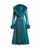 Teal Shearling Sheepskin Leather Trench Coat for Women | Belted Fur Winter Coat
