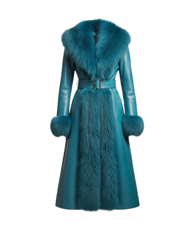 Teal Shearling Sheepskin Leather Trench Coat for Women | Belted Fur Winter Coat