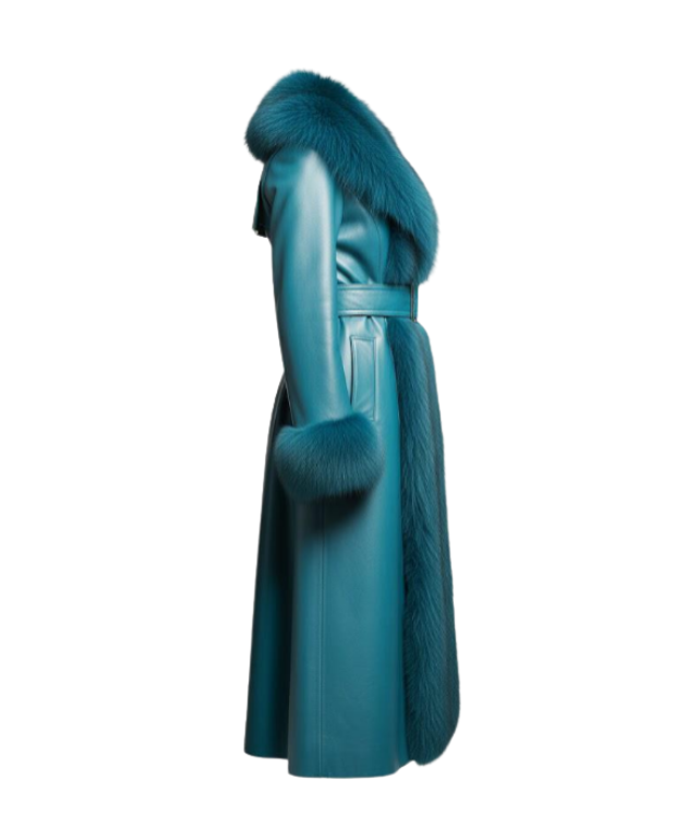 Teal Shearling Sheepskin Leather Trench Coat for Women | Belted Fur Winter Coat