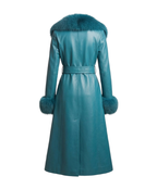 Teal Shearling Sheepskin Leather Trench Coat for Women | Belted Fur Winter Coat