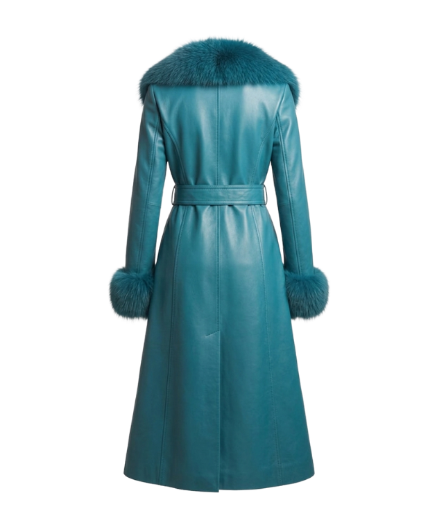 Teal Shearling Sheepskin Leather Trench Coat for Women | Belted Fur Winter Coat Main Image